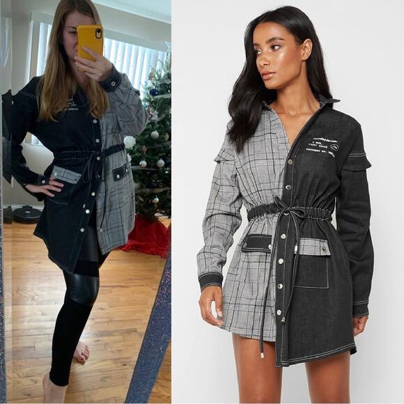 Maniere De Voir Dresses & Skirts - NWT Maniere De Voir Stylish Black Gray Plaid Button Shirt Mini Dress Gothic 8